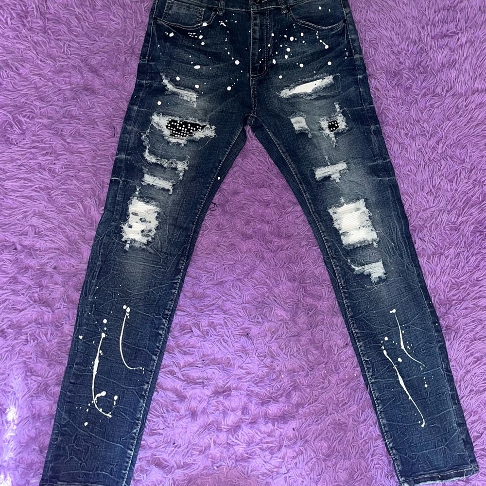 Men's Distressed Skinny Jeans in Dark Blue